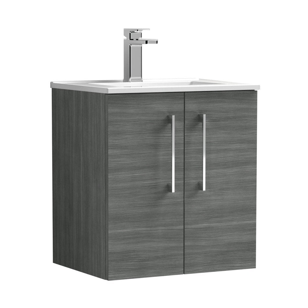 Nuie Arno 500mm Wall Hung 2 Door Vanity & Basin 2 Contemporary Anthracite Woodgrain 557x500x390mm - JJ Building Materials