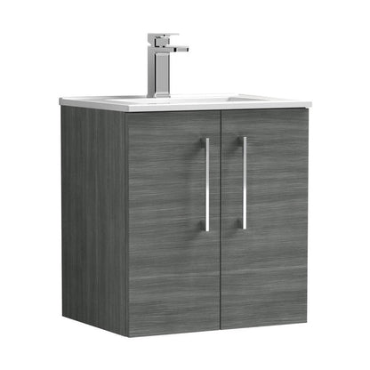 Nuie Arno 500mm Wall Hung 2 Door Vanity & Basin 2 Contemporary Anthracite Woodgrain 557x500x390mm - JJ Building Materials