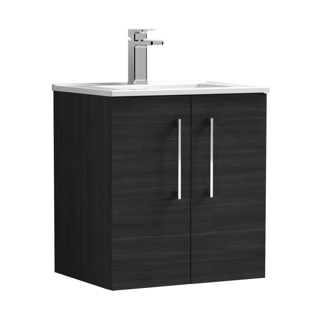 Nuie Arno 500mm Wall Hung 2 Door Vanity & Basin 2 Contemporary Charcoal Black MFC Textured Woodgrain 557x500x390mm - JJ Building Materials