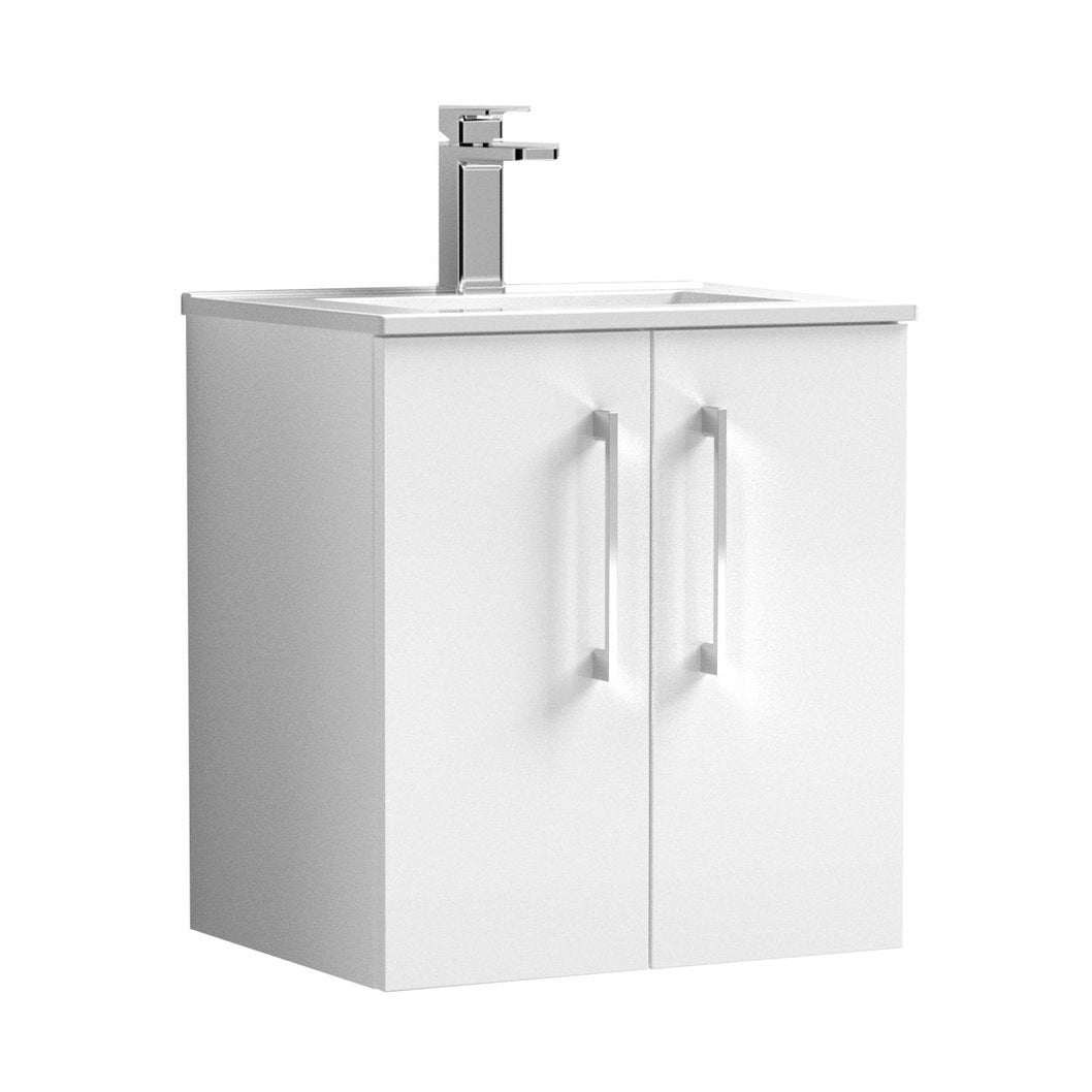 Nuie Arno 500mm Wall Hung 2 Door Vanity & Basin 2 Contemporary Gloss White MFC Painted Gloss 557x500x390mm - JJ Building Materials
