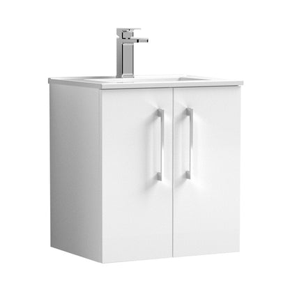 Nuie Arno 500mm Wall Hung 2 Door Vanity & Basin 2 Contemporary Gloss White MFC Painted Gloss 557x500x390mm - JJ Building Materials