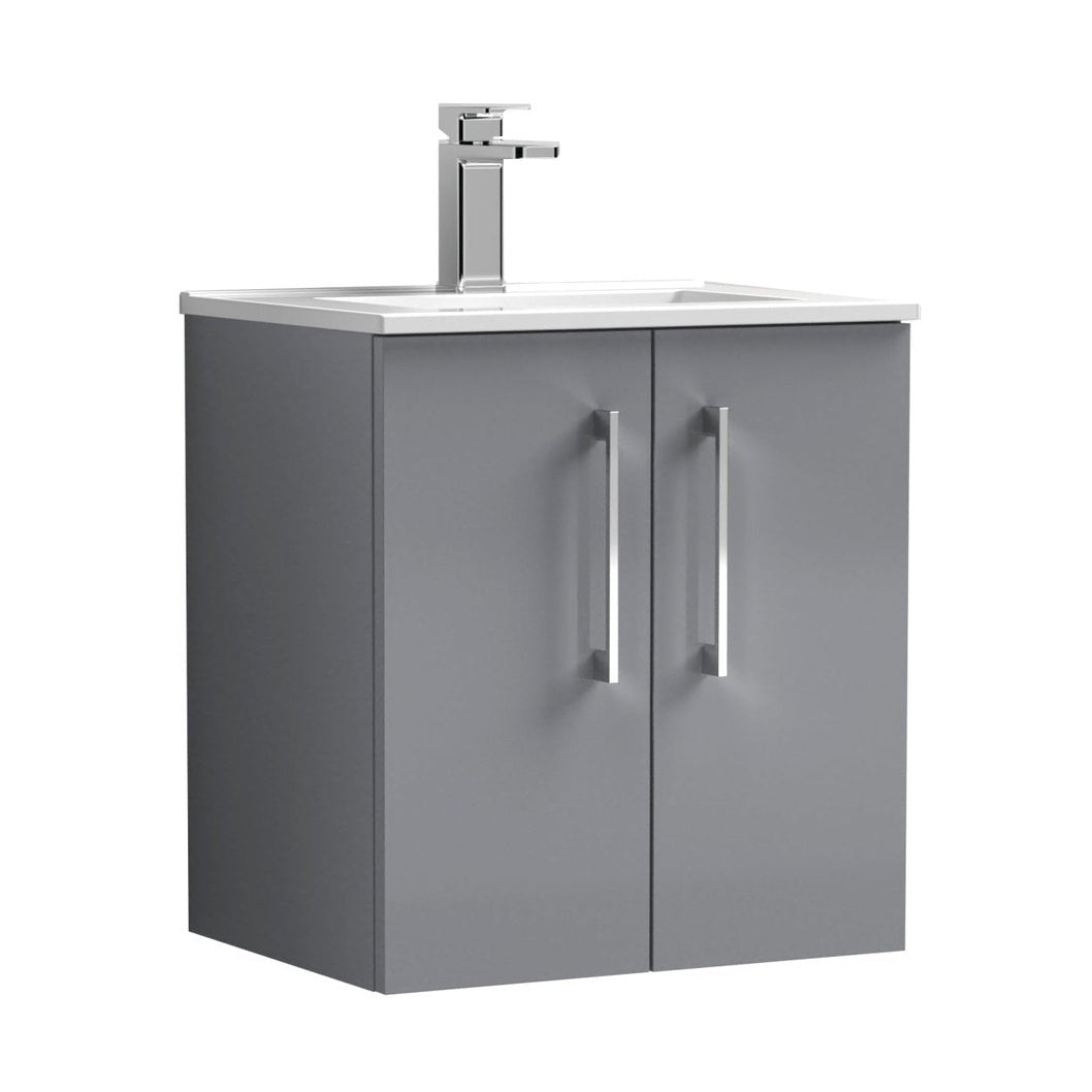 Nuie Arno 500mm Wall Hung 2 Door Vanity & Basin 2 Contemporary Satin Grey MFC Painted Matt 594x500x390mm - JJ Building Materials