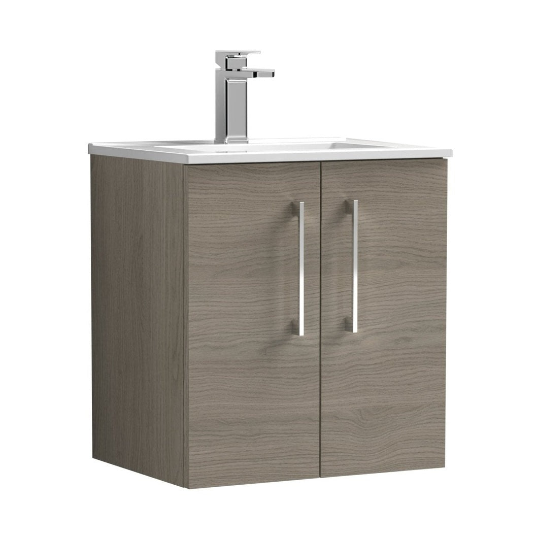 Nuie Arno 500mm Wall Hung 2 Door Vanity & Basin 2 Contemporary Solace Oak 557x500x390mm - JJ Building Materials