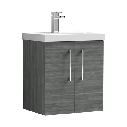 Nuie Arno 500mm Wall Hung 2 Door Vanity & Basin 3 Contemporary Anthracite Woodgrain 589x510x395mm - JJ Building Materials
