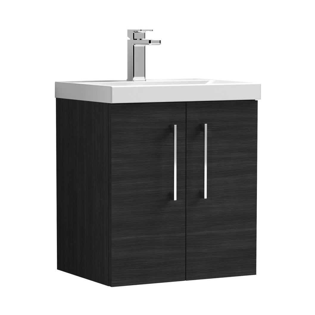 Nuie Arno 500mm Wall Hung 2 Door Vanity & Basin 3 Contemporary Charcoal Black MFC Textured Woodgrain 589x510x395mm - JJ Building Materials