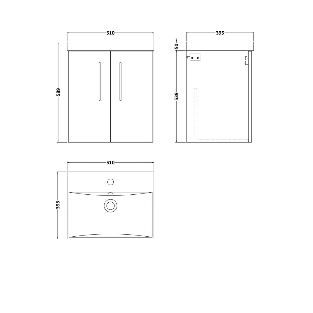 Nuie Arno 500mm Wall Hung 2 Door Vanity & Basin 3 Contemporary Gloss White MFC Painted Gloss 589x510x395mm - JJ Building Materials