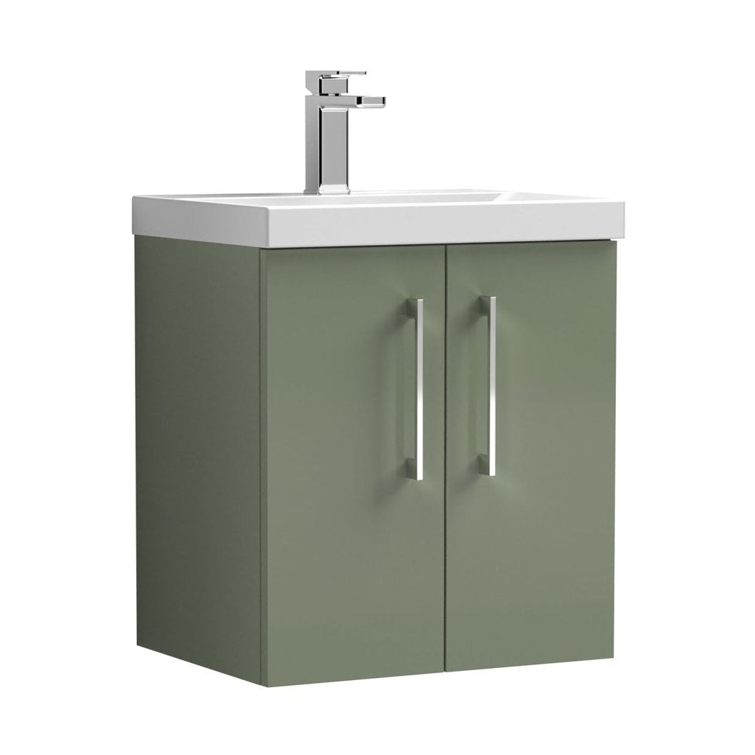 Nuie Arno 500mm Wall Hung 2 Door Vanity & Basin 3 Contemporary Satin Green 589x510x395mm - JJ Building Materials