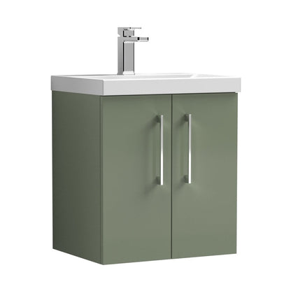 Nuie Arno 500mm Wall Hung 2 Door Vanity & Basin 3 Contemporary Satin Green 589x510x395mm - JJ Building Materials