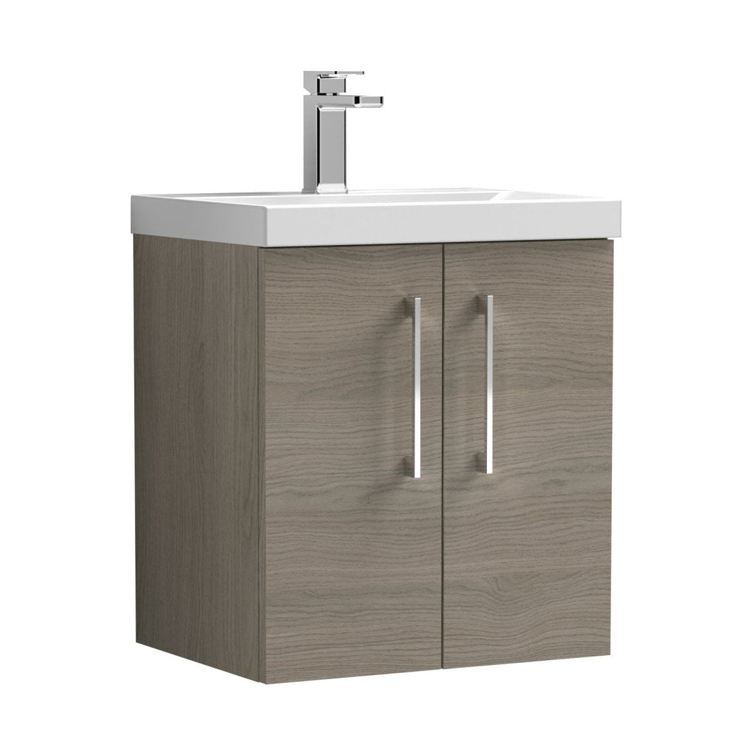 Nuie Arno 500mm Wall Hung 2 Door Vanity & Basin 3 Contemporary Solace Oak 589x510x395mm - JJ Building Materials