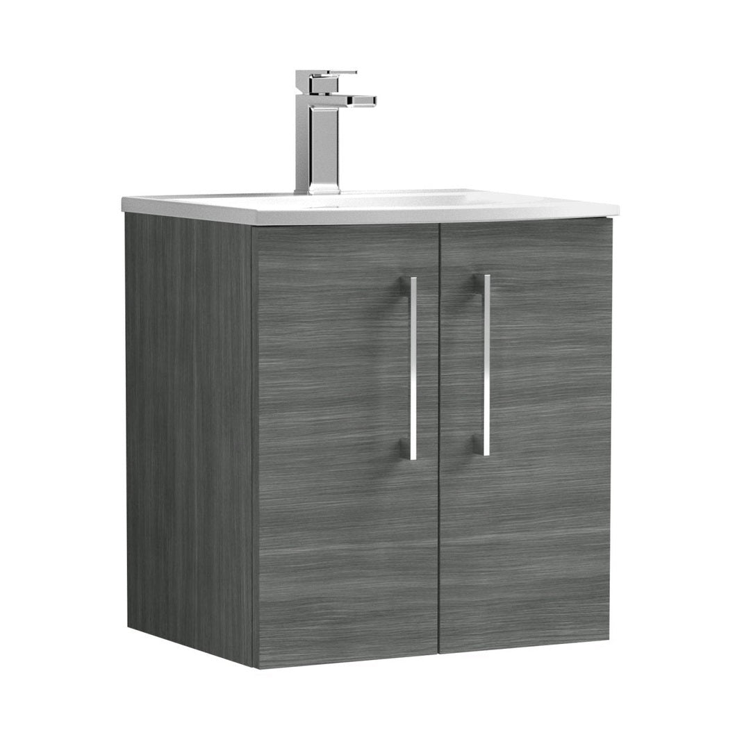 Nuie Arno 500mm Wall Hung 2 Door Vanity & Basin 4 Contemporary Anthracite Woodgrain 569x510x440mm - JJ Building Materials