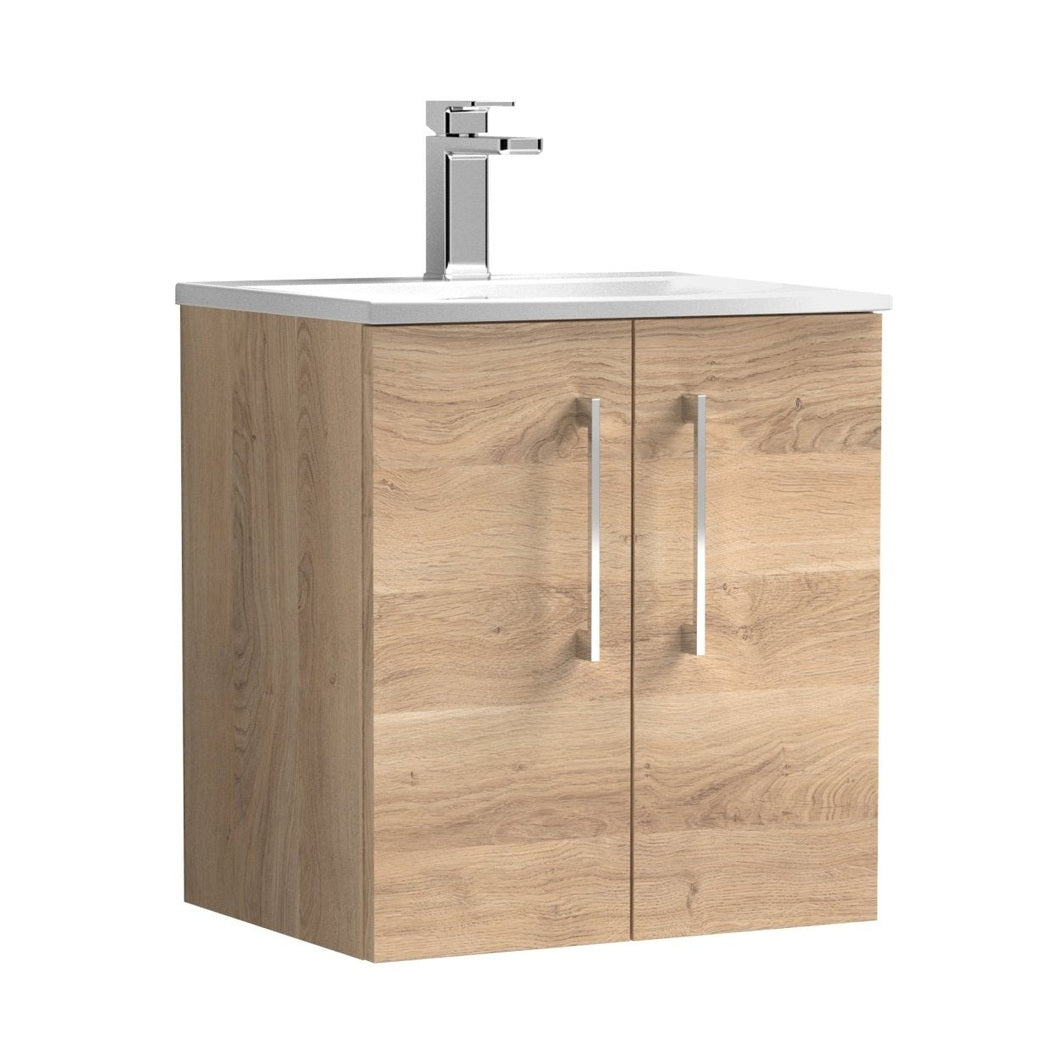 Nuie Arno 500mm Wall Hung 2-door Vanity & Basin 4 Contemporary Bleached Oak MFC Textured Woodgrain 570x510x440mm - JJ Building Materials