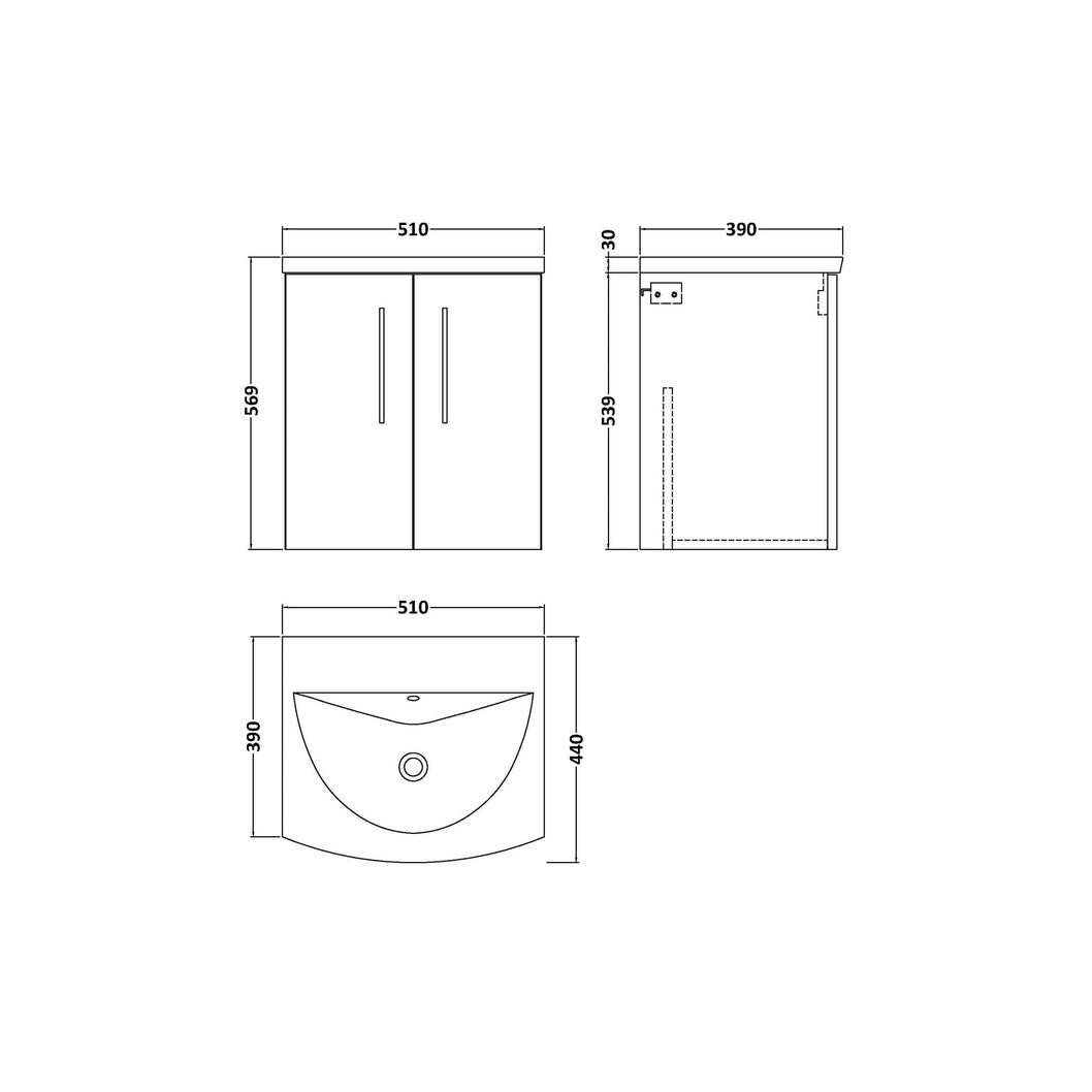 Nuie Arno 500mm Wall Hung 2 Door Vanity & Basin 4 Contemporary Gloss White MFC Painted Gloss 569x510x440mm - JJ Building Materials