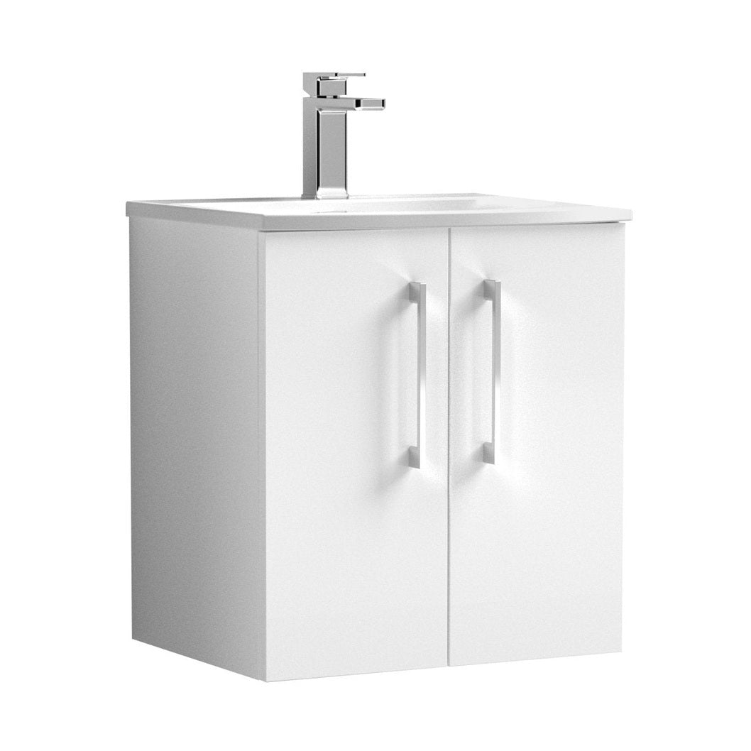 Nuie Arno 500mm Wall Hung 2 Door Vanity & Basin 4 Contemporary Gloss White MFC Painted Gloss 569x510x440mm - JJ Building Materials