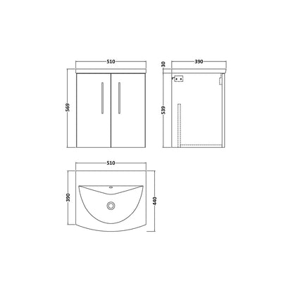 Nuie Arno 500mm Wall Hung 2 Door Vanity & Basin 4 Contemporary Satin Grey MFC Painted Matt 569x510x440mm - JJ Building Materials