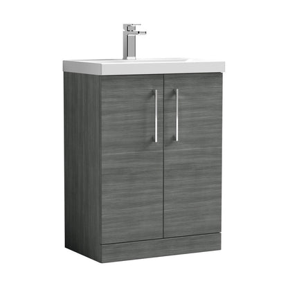 Nuie Arno 600mm Floor Standing 2 Door Vanity & Basin 1 Contemporary Anthracite Woodgrain MFC 840x610x390mm - JJ Building Materials