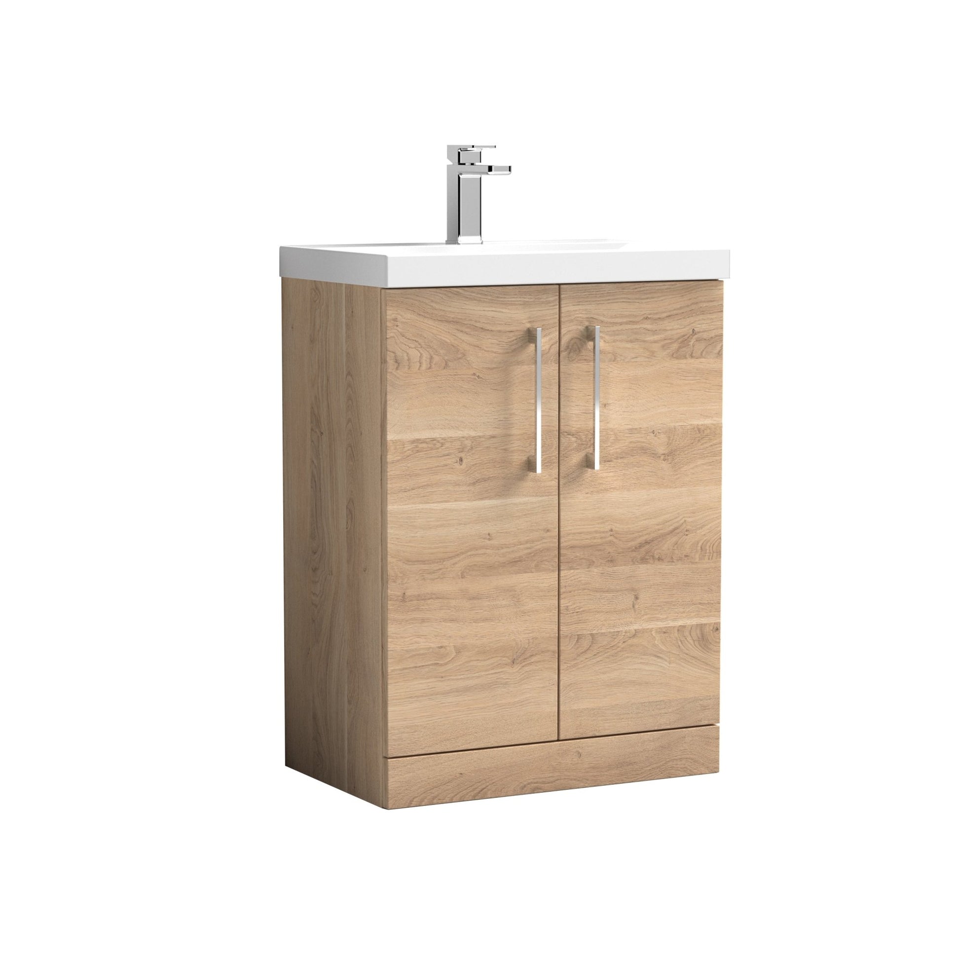 Nuie Arno 600mm Floor Standing 2-door Vanity & Basin 1 Contemporary Bleached Oak MFC 840x610x390mm - JJ Building Materials