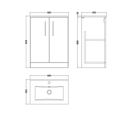 Nuie Arno 600mm Floor Standing 2 Door Vanity & Basin 2 Contemporary Charcoal Black MFC 815x600x390mm - JJ Building Materials