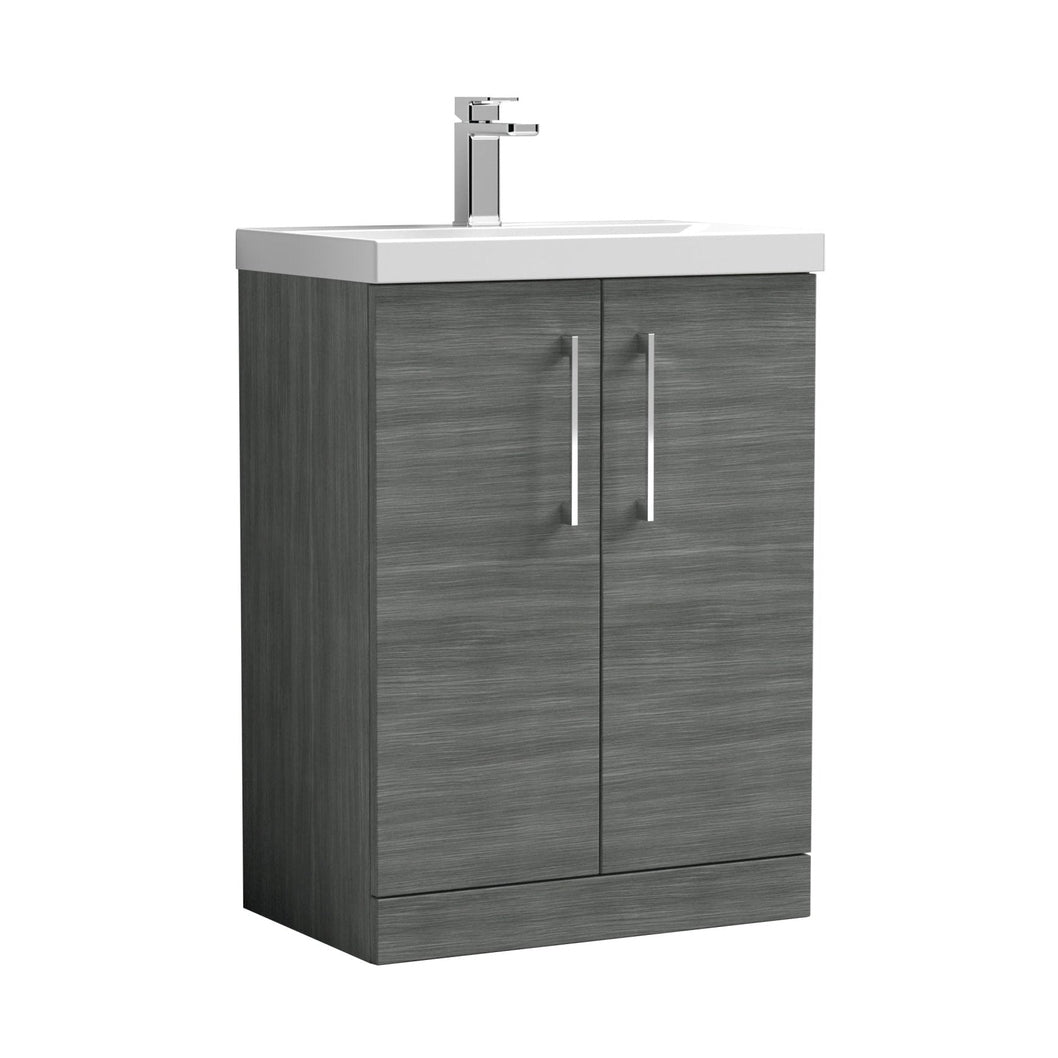 Nuie Arno 600mm Floor Standing 2 Door Vanity & Basin 3 Contemporary Anthracite Woodgrain MFC 850x610x395mm - JJ Building Materials