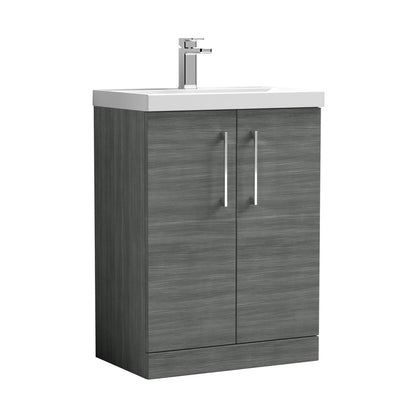 Nuie Arno 600mm Floor Standing 2 Door Vanity & Basin 3 Contemporary Anthracite Woodgrain MFC 850x610x395mm - JJ Building Materials
