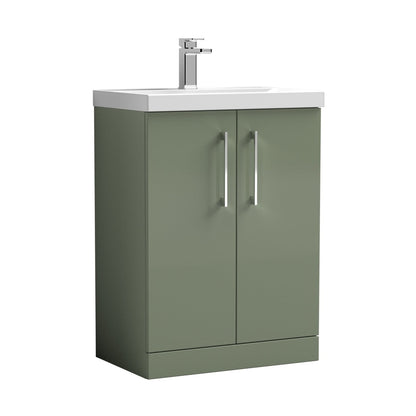 Nuie Arno 600mm Floor Standing 2 Door Vanity & Basin 3 Contemporary Satin Green MFC 850x610x395mm - JJ Building Materials