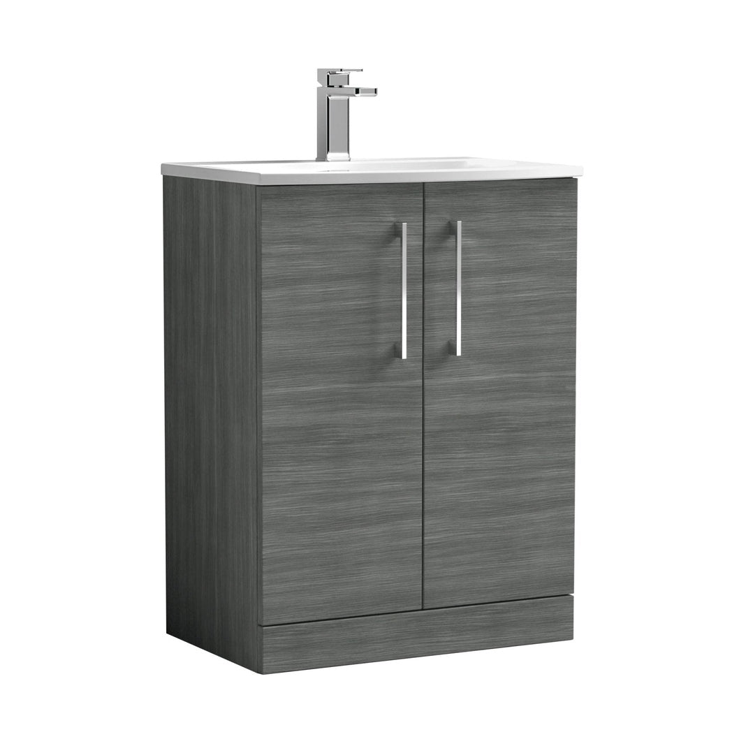 Nuie Arno 600mm Floor Standing 2 Door Vanity & Basin 4 Contemporary Anthracite Woodgrain MFC 830x610x440mm - JJ Building Materials