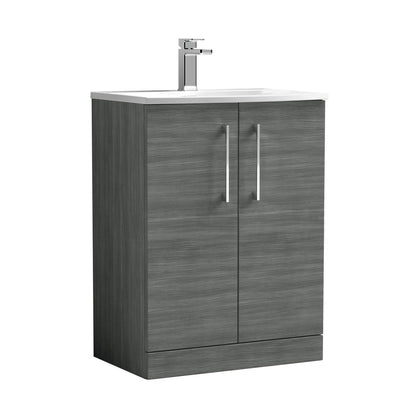 Nuie Arno 600mm Floor Standing 2 Door Vanity & Basin 4 Contemporary Anthracite Woodgrain MFC 830x610x440mm - JJ Building Materials