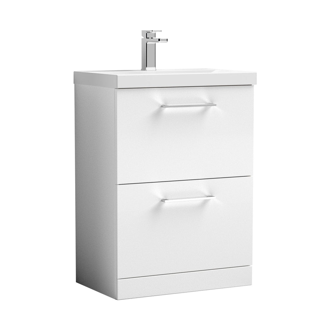 Nuie Arno 600mm Floor Standing 2 Drawer Vanity & Basin 1 Contemporary Gloss White MFC 840x610x390mm - JJ Building Materials
