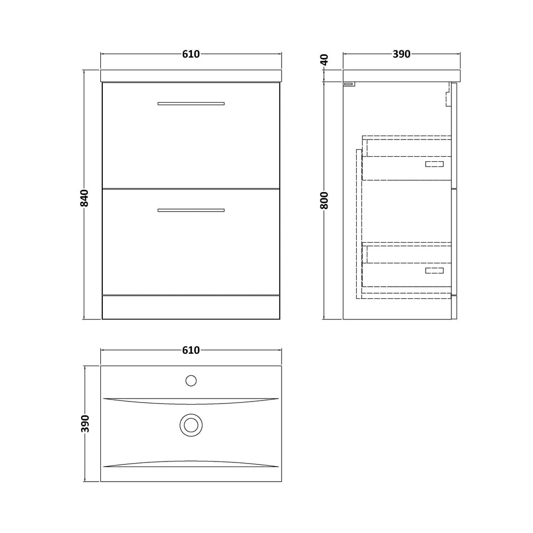 Nuie Arno 600mm Floor Standing 2 Drawer Vanity & Basin 1 Contemporary Soft Black MFC 840x610x390mm - JJ Building Materials
