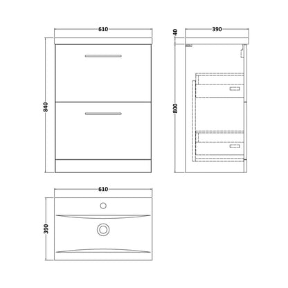 Nuie Arno 600mm Floor Standing 2 Drawer Vanity & Basin 1 Contemporary Soft Black MFC 840x610x390mm - JJ Building Materials