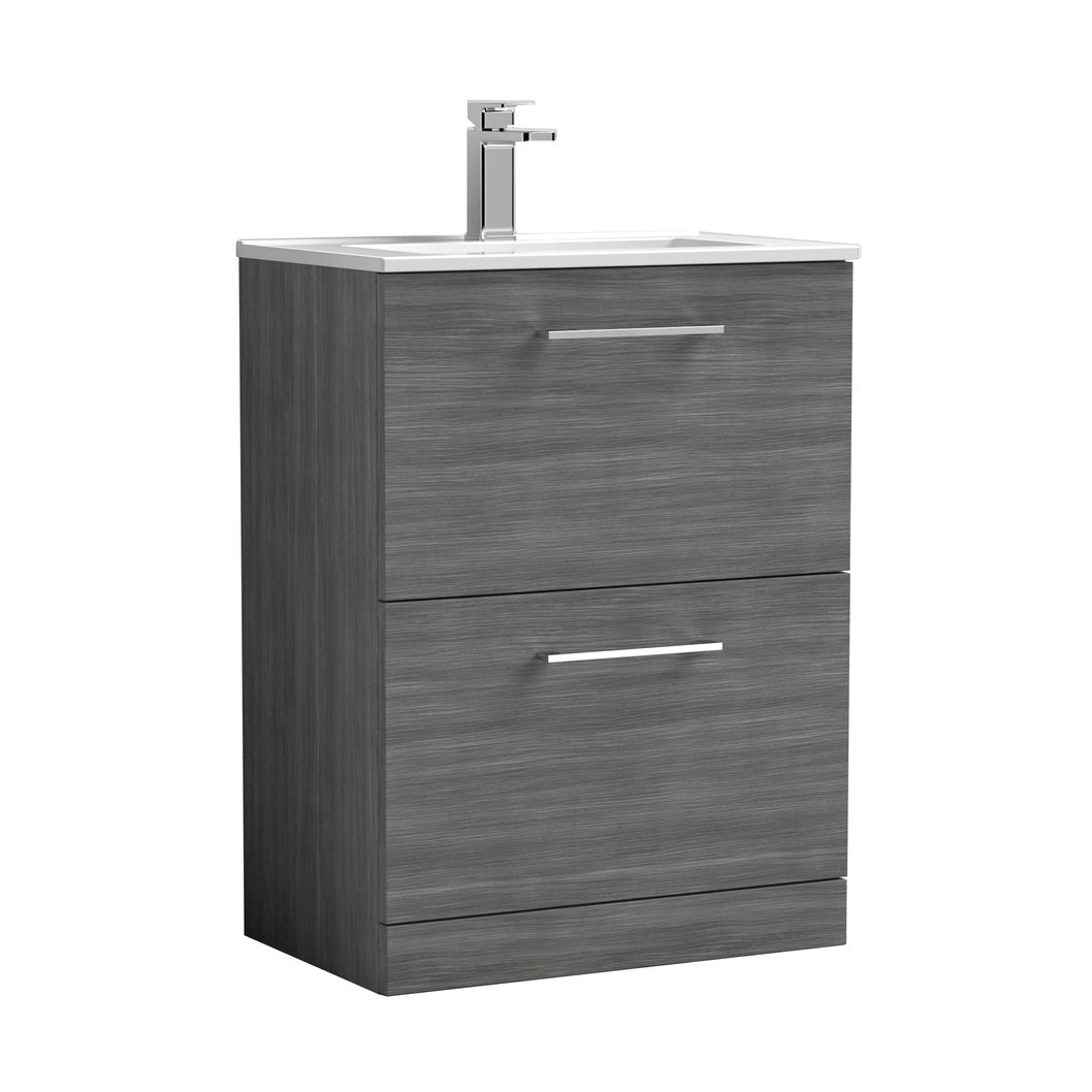 Nuie Arno 600mm Floor Standing 2 Drawer Vanity & Basin 2 Contemporary Anthracite Woodgrain MFC 818x600x390mm - JJ Building Materials
