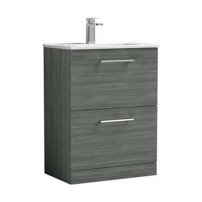 Nuie Arno 600mm Floor Standing 2 Drawer Vanity & Basin 2 Contemporary Anthracite Woodgrain MFC 818x600x390mm - JJ Building Materials