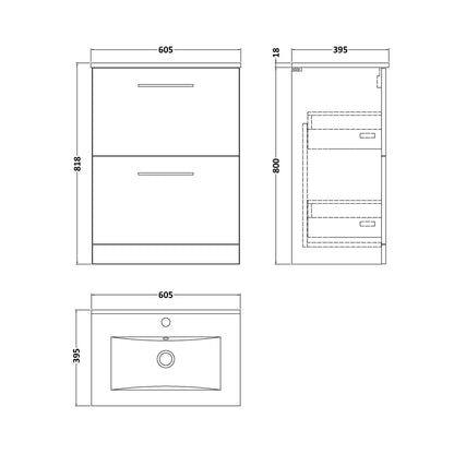 Nuie Arno 600mm Floor Standing 2-drawer Vanity & Basin 2 Contemporary Bleached Oak MFC 818x600x390mm - JJ Building Materials
