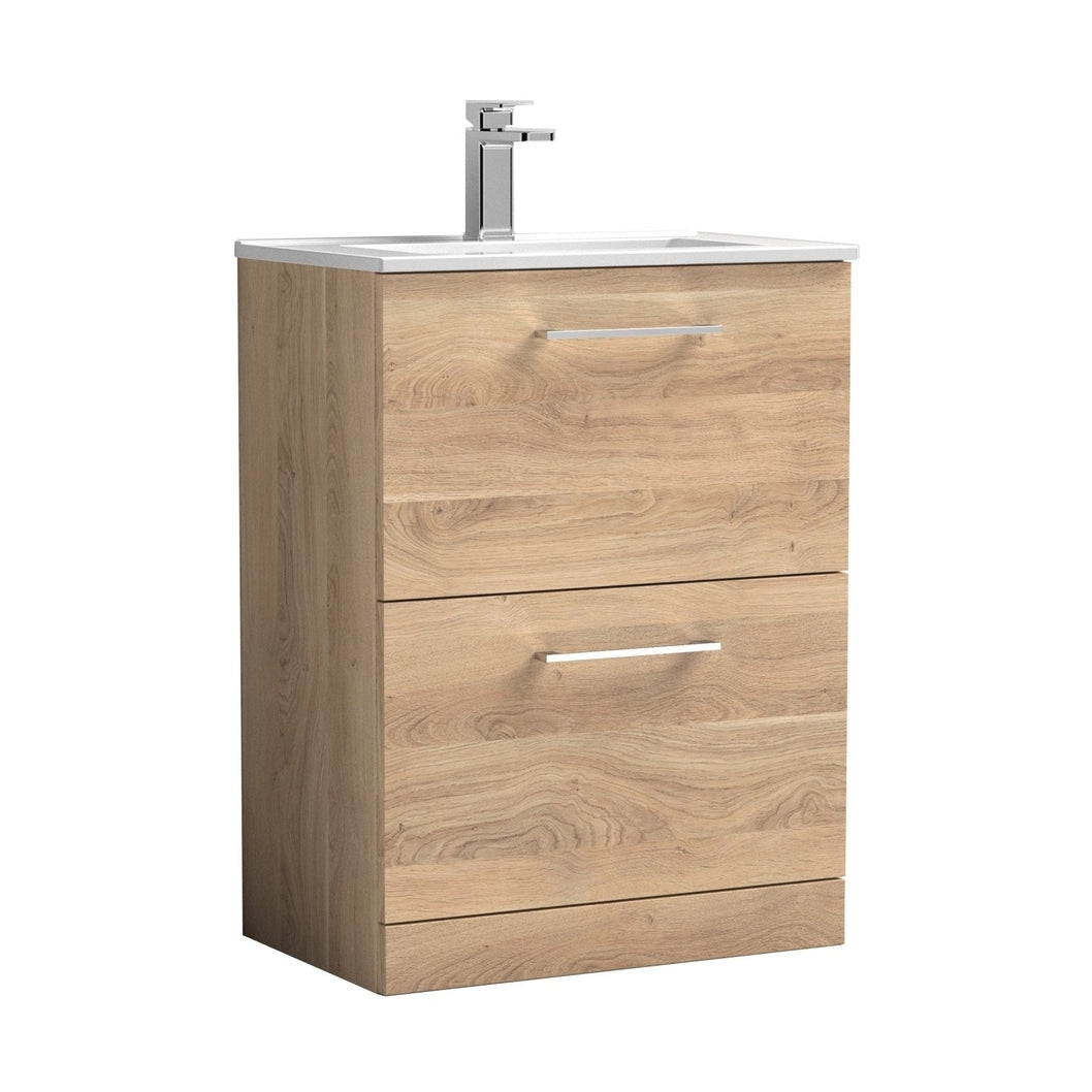 Nuie Arno 600mm Floor Standing 2-drawer Vanity & Basin 2 Contemporary Bleached Oak MFC 818x600x390mm - JJ Building Materials