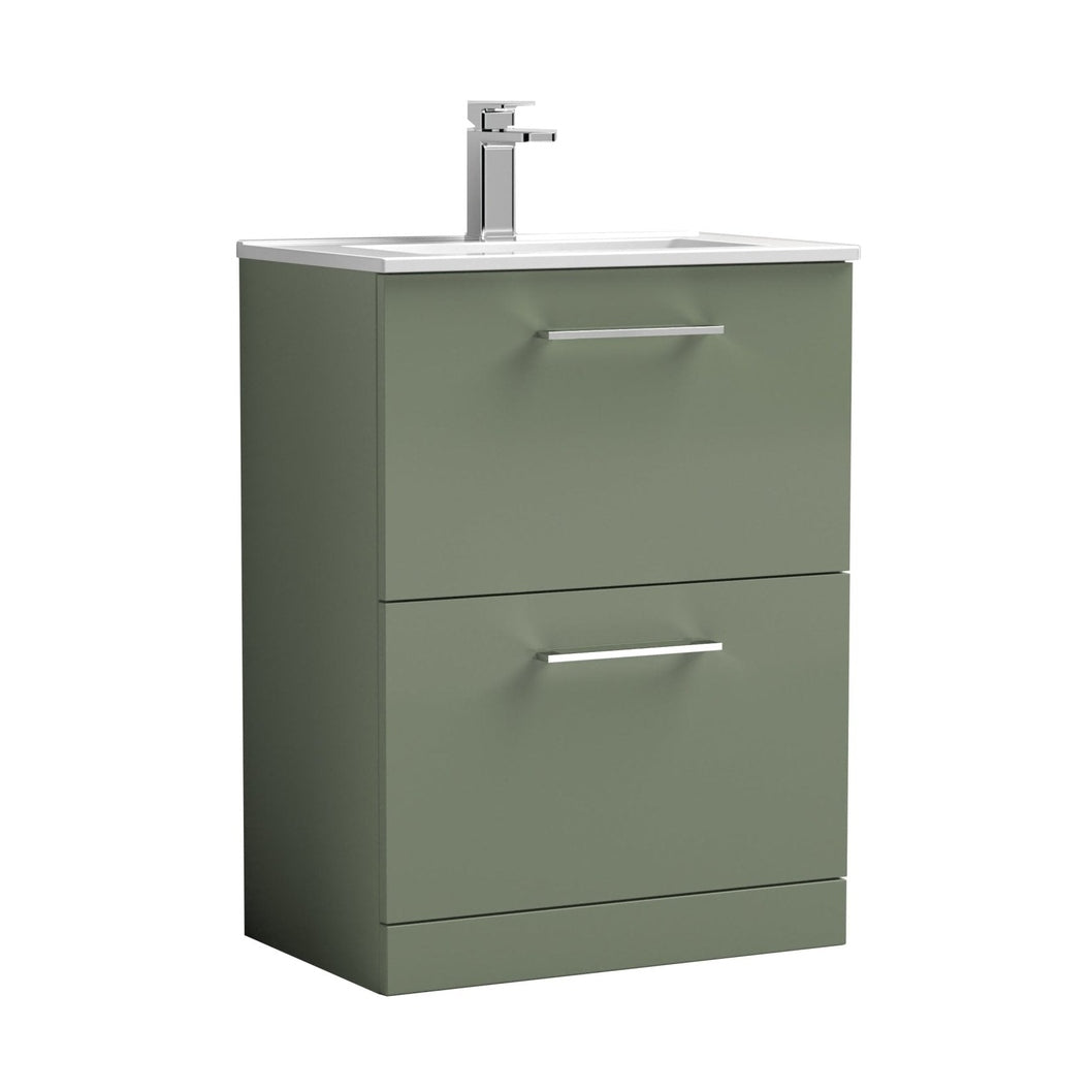 Nuie Arno 600mm Floor Standing 2 Drawer Vanity & Basin 2 Contemporary Satin Green MFC 818x600x390mm - JJ Building Materials