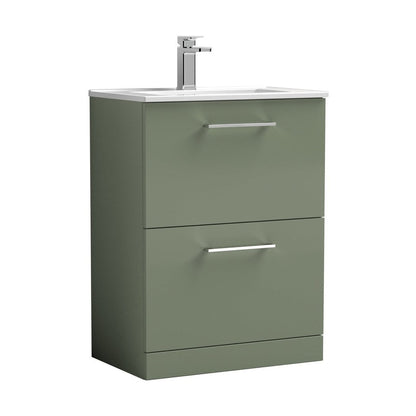Nuie Arno 600mm Floor Standing 2 Drawer Vanity & Basin 2 Contemporary Satin Green MFC 818x600x390mm - JJ Building Materials