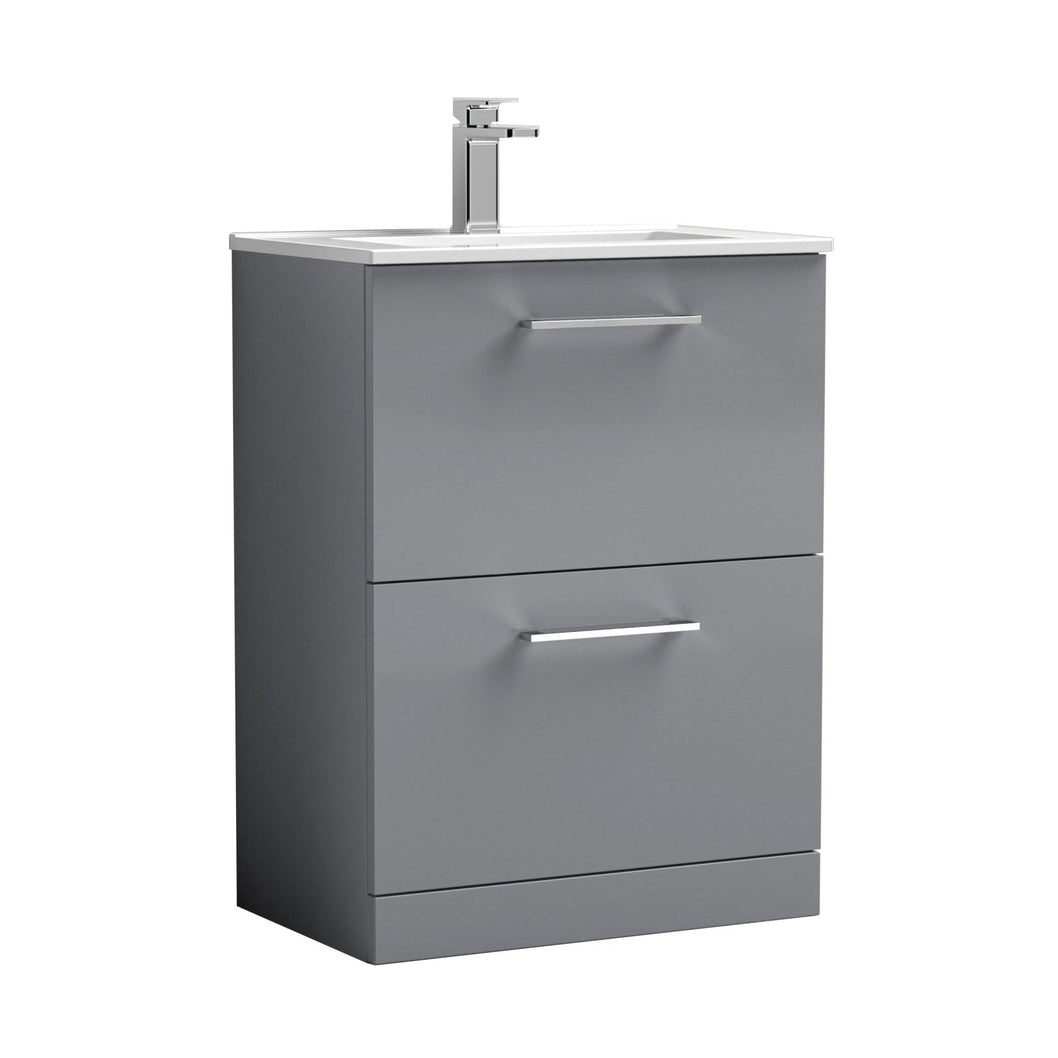 Nuie Arno 600mm Floor Standing 2 Drawer Vanity & Basin 2 Contemporary Satin Grey MFC 818x600x390mm - JJ Building Materials