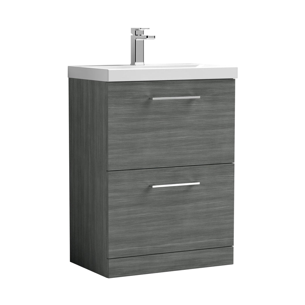 Nuie Arno 600mm Floor Standing 2 Drawer Vanity & Basin 3 Contemporary Anthracite Woodgrain MFC 850x610x395mm - JJ Building Materials