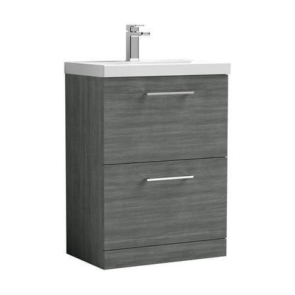 Nuie Arno 600mm Floor Standing 2 Drawer Vanity & Basin 3 Contemporary Anthracite Woodgrain MFC 850x610x395mm - JJ Building Materials