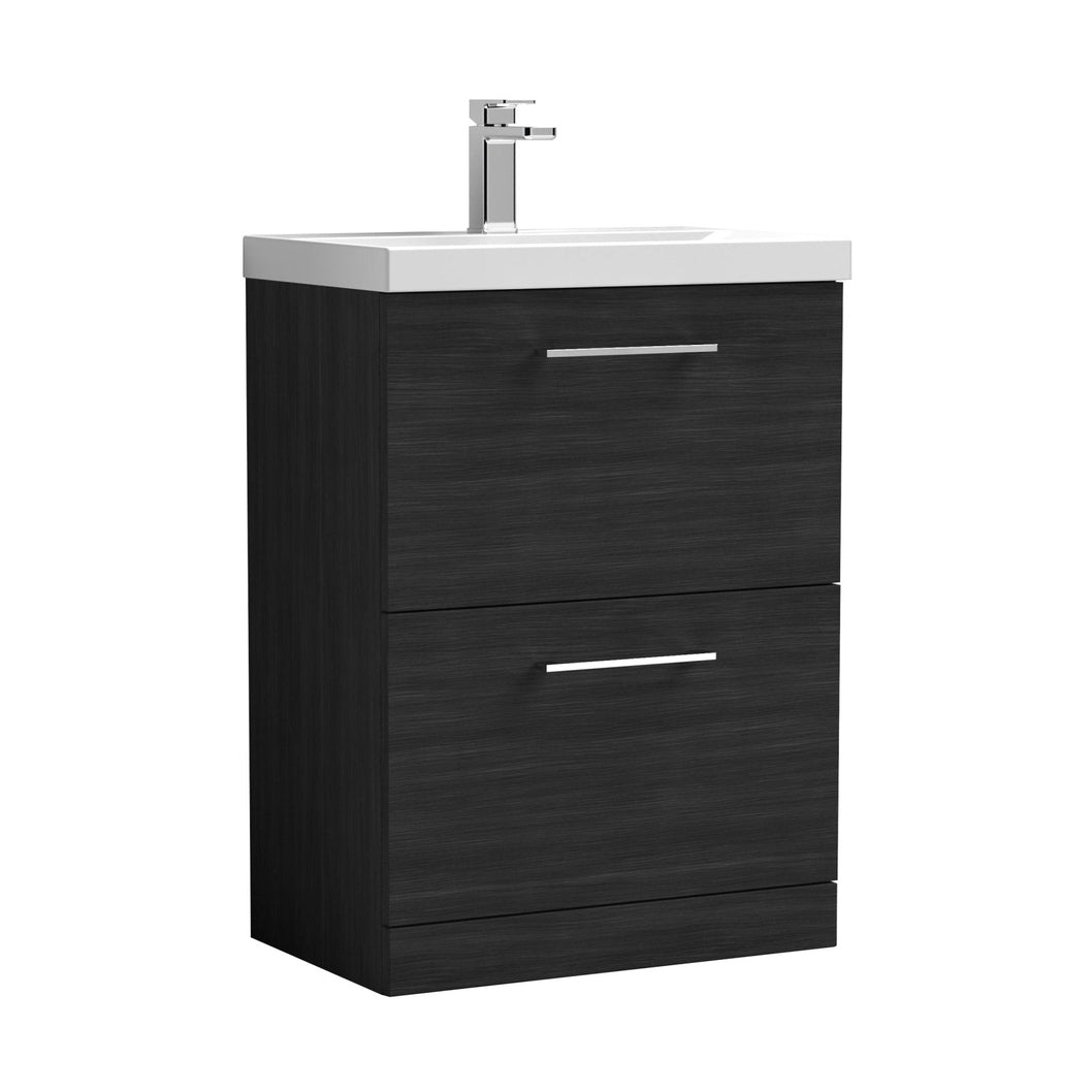 Nuie Arno 600mm Floor Standing 2 Drawer Vanity & Basin 3 Contemporary Charcoal Black MFC 850x610x395mm - JJ Building Materials