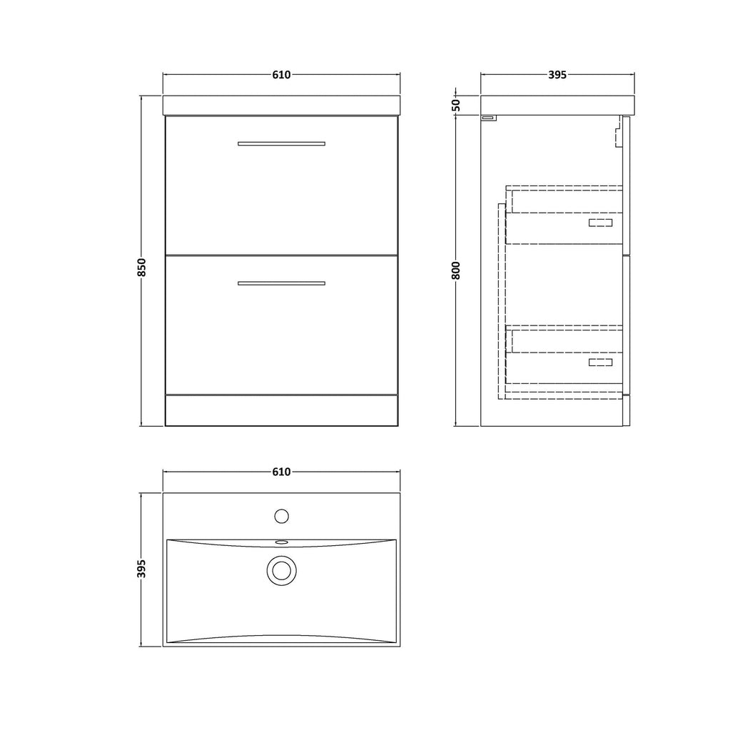 Nuie Arno 600mm Floor Standing 2 Drawer Vanity & Basin 3 Contemporary Satin Green MFC 850x610x395mm - JJ Building Materials
