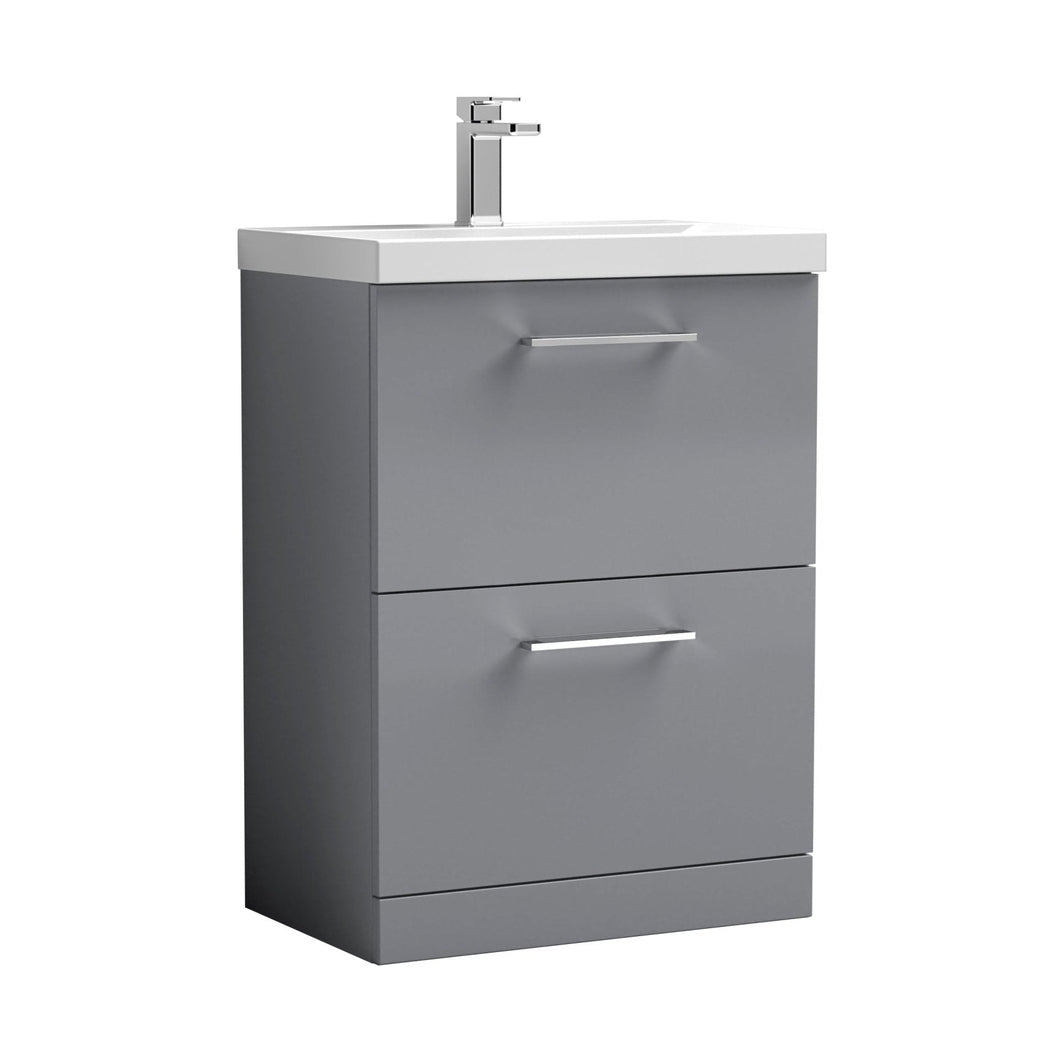 Nuie Arno 600mm Floor Standing 2 Drawer Vanity & Basin 3 Contemporary Satin Grey MFC 850x610x395mm - JJ Building Materials
