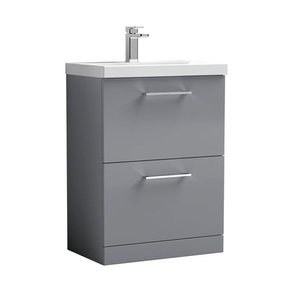 Nuie Arno 600mm Floor Standing 2 Drawer Vanity & Basin 3 Contemporary Satin Grey MFC 850x610x395mm - JJ Building Materials