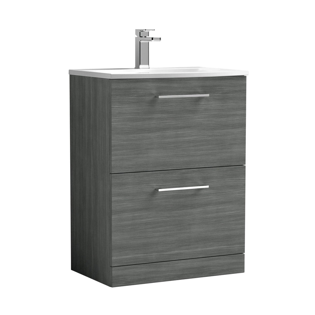 Nuie Arno 600mm Floor Standing 2 Drawer Vanity & Basin 4 Contemporary Anthracite Woodgrain MFC 830x610x440mm - JJ Building Materials