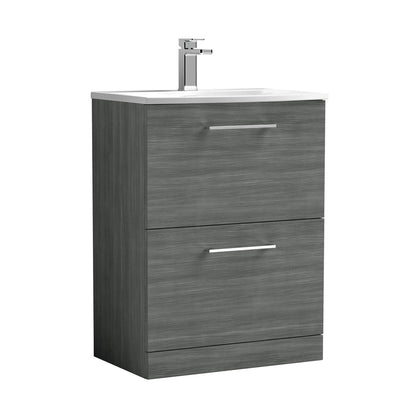 Nuie Arno 600mm Floor Standing 2 Drawer Vanity & Basin 4 Contemporary Anthracite Woodgrain MFC 830x610x440mm - JJ Building Materials