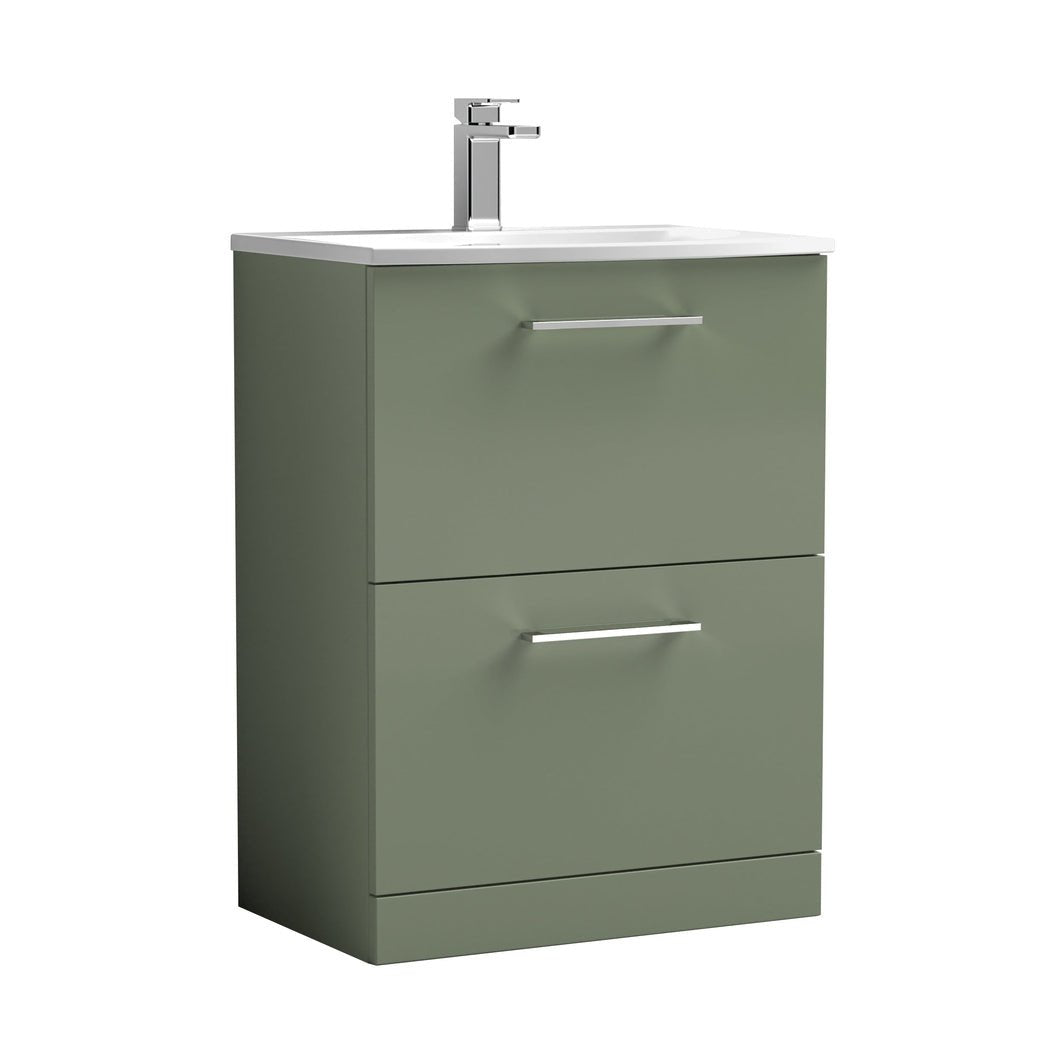 Nuie Arno 600mm Floor Standing 2 Drawer Vanity & Basin 4 Contemporary Satin Green MFC 830x610x440mm - JJ Building Materials