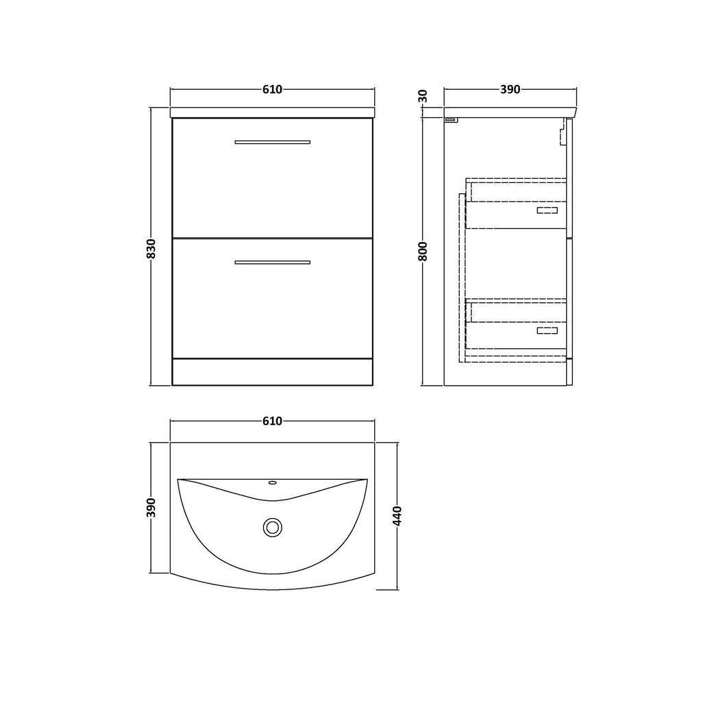 Nuie Arno 600mm Floor Standing 2 Drawer Vanity & Basin 4 Contemporary Satin Green MFC 830x610x440mm - JJ Building Materials