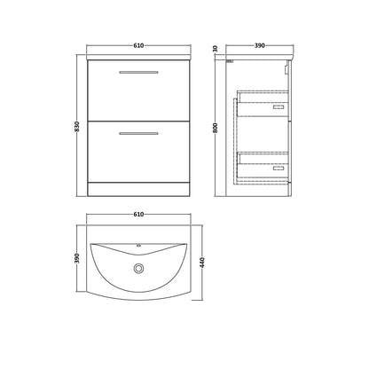 Nuie Arno 600mm Floor Standing 2 Drawer Vanity & Basin 4 Contemporary Satin Green MFC 830x610x440mm - JJ Building Materials