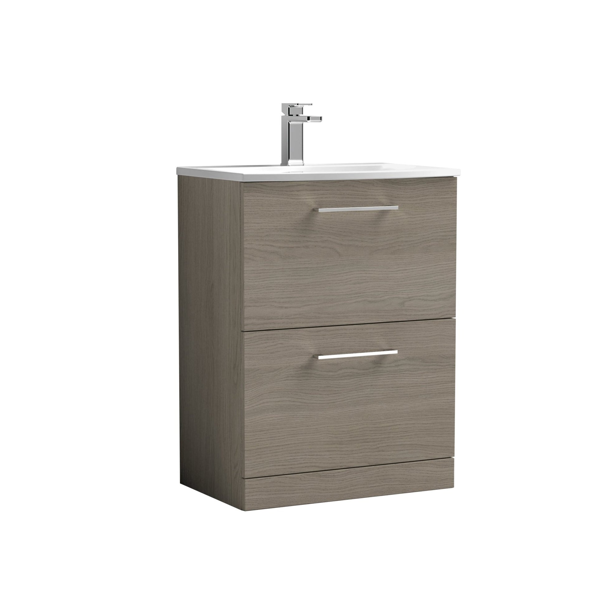 Nuie Arno 600mm Floor Standing 2 Drawer Vanity & Basin 4 Contemporary Solace Oak MFC 830x610x440mm - JJ Building Materials