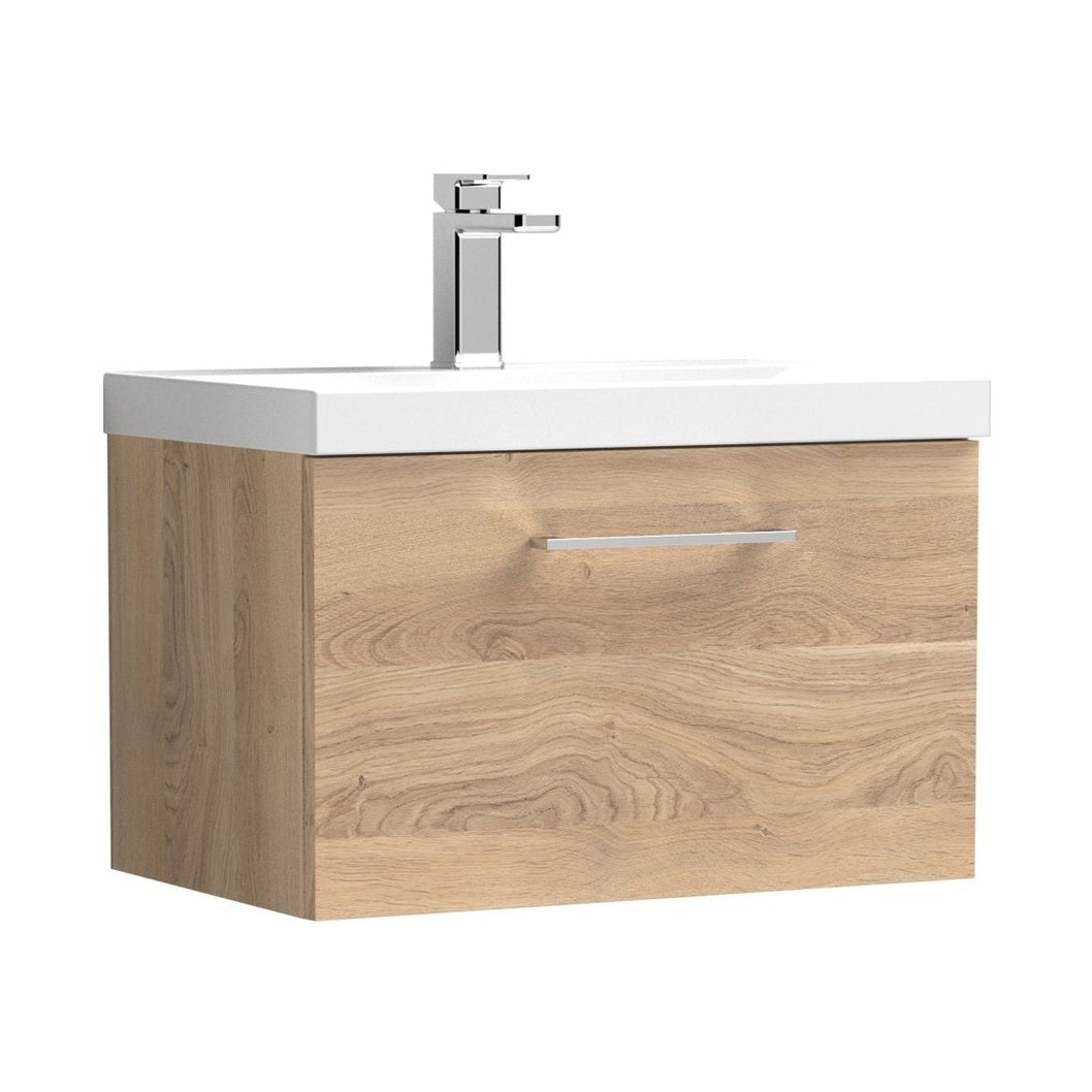 Nuie Arno 600mm Wall Hung 1-drawer Vanity & Basin 1 Contemporary Bleached Oak MFC Textured Woodgrain 399x610x390mm - JJ Building Materials