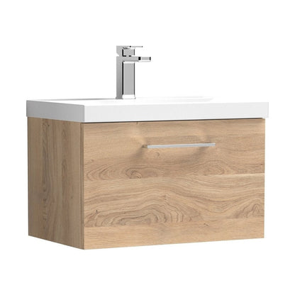 Nuie Arno 600mm Wall Hung 1-drawer Vanity & Basin 1 Contemporary Bleached Oak MFC Textured Woodgrain 399x610x390mm - JJ Building Materials